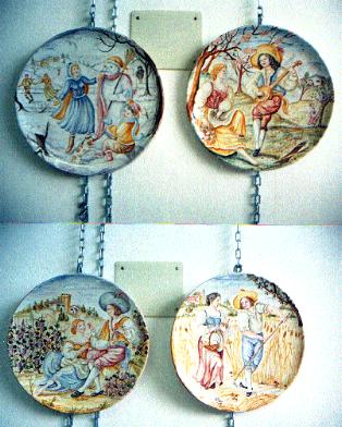 Ceramiche d-Arte di Albisola - Collezione 4 piatti in maiolica, dipinti con 
varie scene ispirate alle 4 stagioni